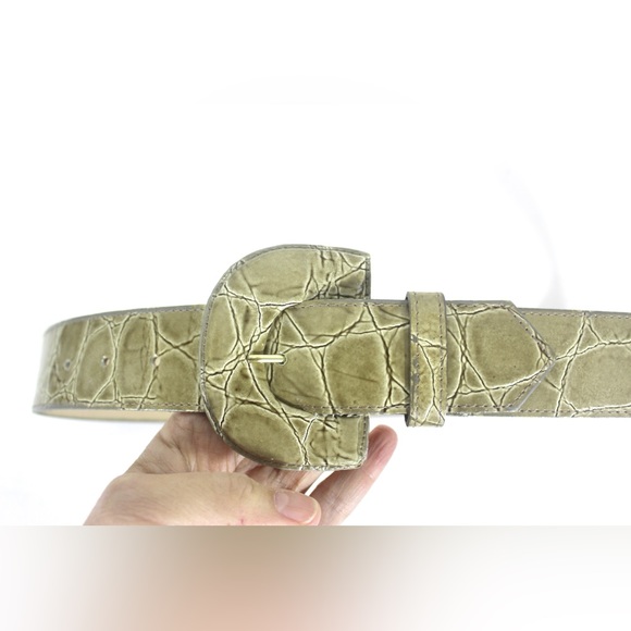 80’s Grey Green Croc Embossed Patent Leather Wide Belt with Self Buckle Vintage - Picture 3 of 7